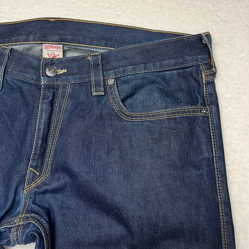 True Religion Jeans Mens 40 Blue Made in USA Straight Leg Contrast Stitch Denim